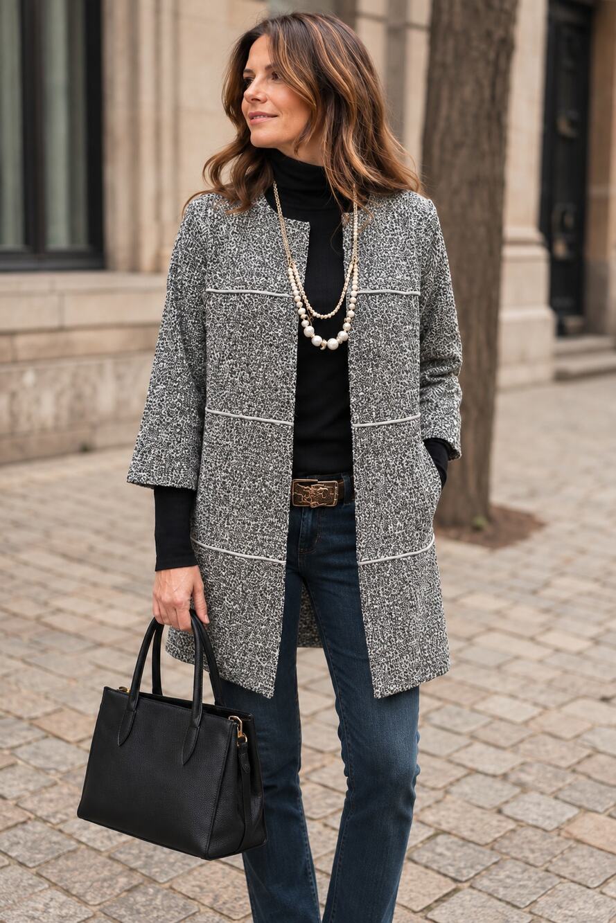 Cabi The Times Jacket Black White Tweed Coat Size Large